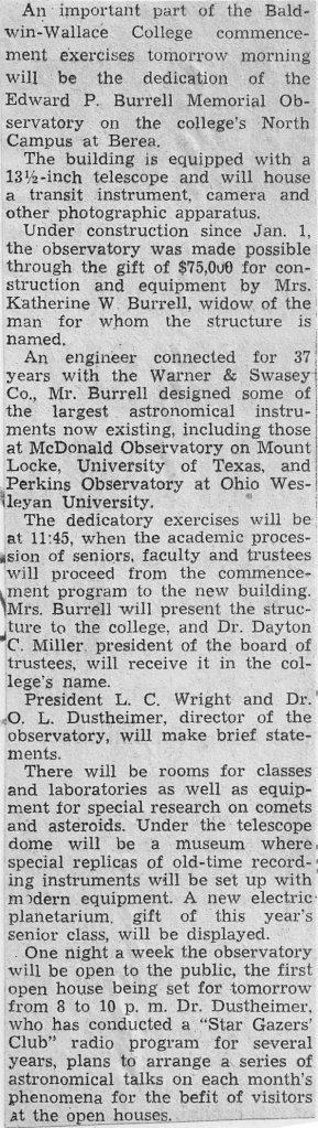 Newspaper Clipping of Story Detailing the Burrell Observatory and 1940 Commencement at, then, Baldwin-Wallace College