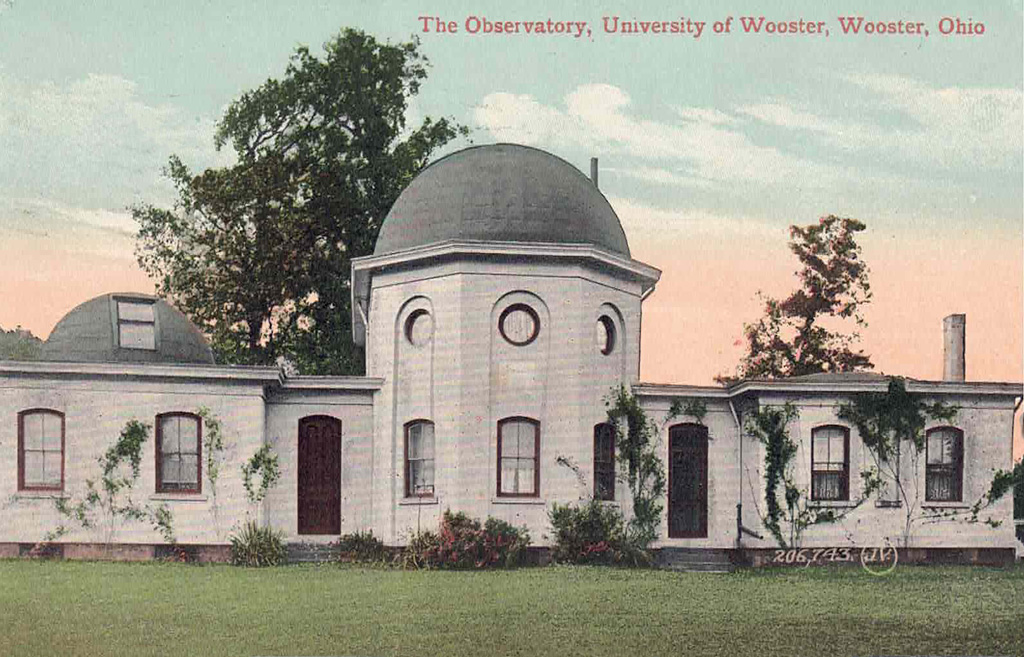 A post card image from the early 1900s, postmarked 1911, depicts the College of Wooster's observatory, the second, smaller dome on the left on good view here.